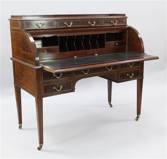 An Edwardian satinwood banded mahogany cylinder bureau, W.4ft D.1ft 11in. H.3ft 9in.